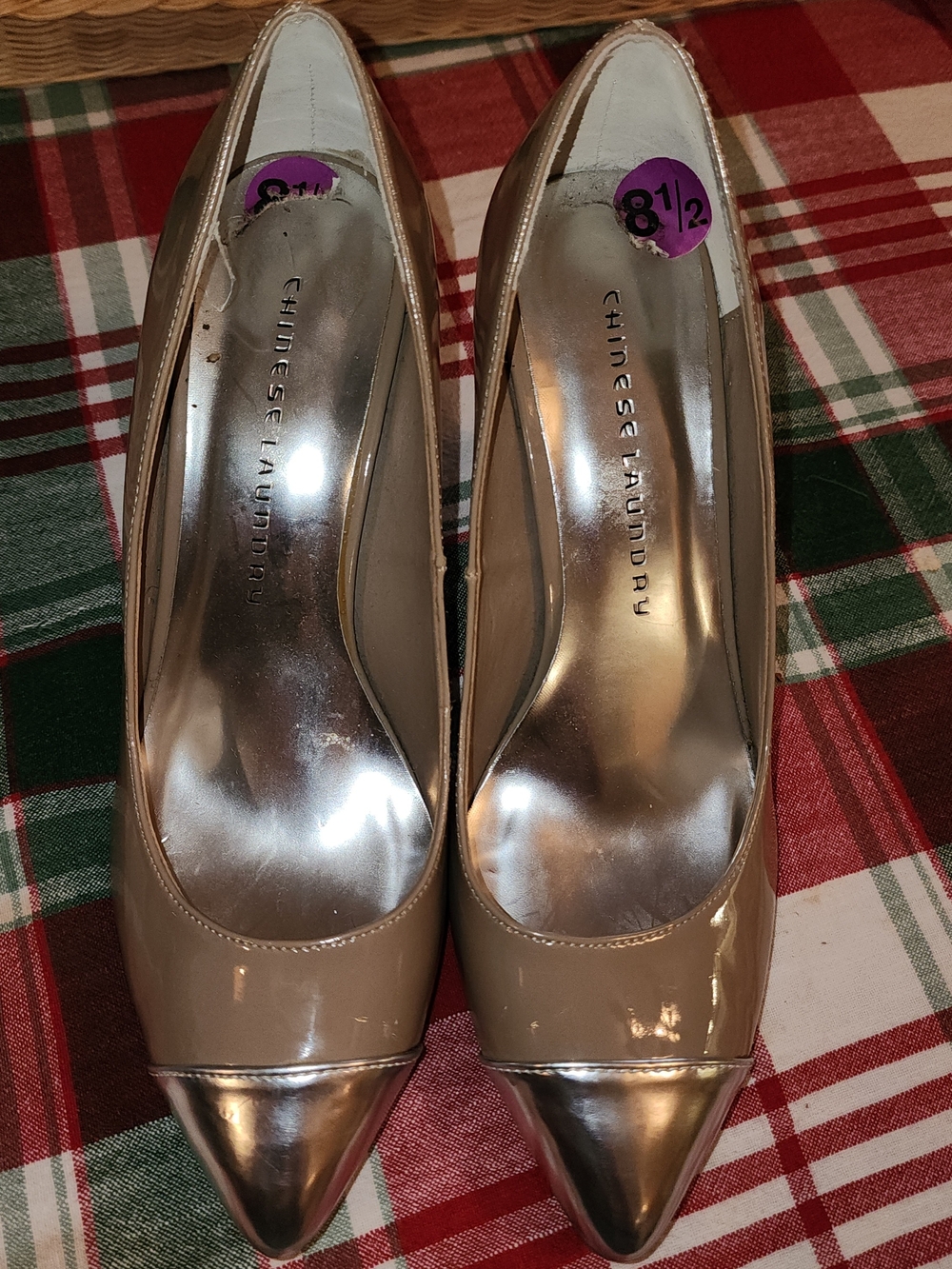 Chinese Laundry Beige Pointed-Toe Pumps with Silver Cap Toe Danger Zone